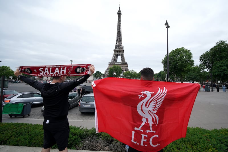 Liverpool fans in front of the Eiffel Tower in Paris ahead of Saturday's Champions League final against Real Madrid at the Stade de France. PA