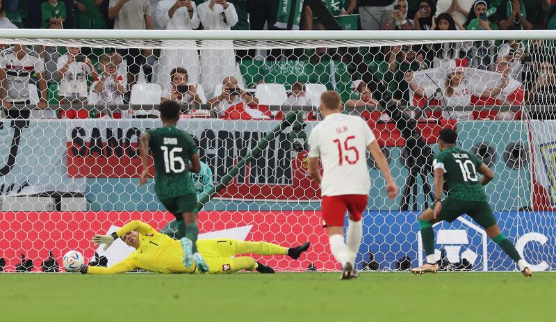 Saudi Arabia's Salem Al-Dawsari has his penalty saved by Poland's Wojciech Szczesny. Reuters