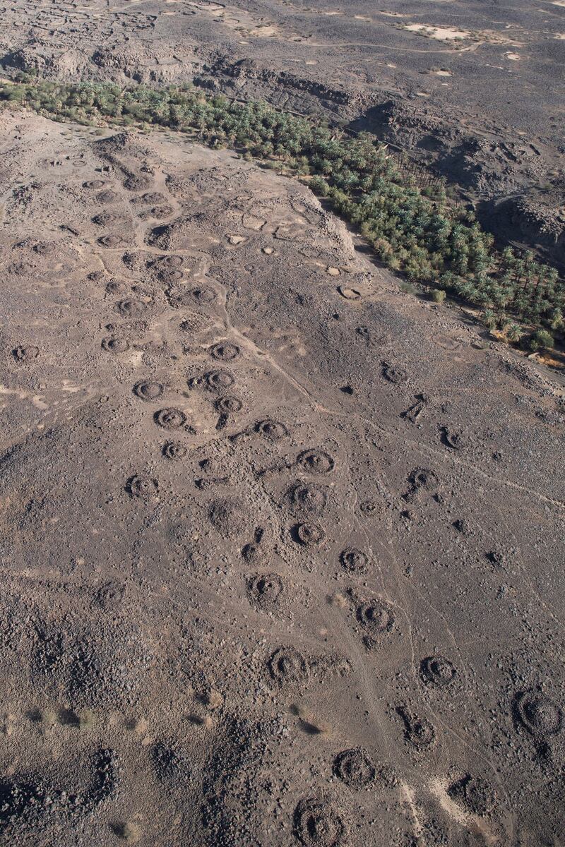 Tombs leading out of Khaybar Oasis. The funerary avenues were made about 4,500 years ago. Photo: Royal Commission for AlUla