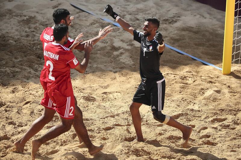 ASUNCION, PARAGUAY - NOVEMBER 24: Mohamed Aljasmi of United Arab Emirates celebrates after scoring the first goal of his team during the FIFA Beach Soccer World Cup Paraguay 2019 group C match between Russia and United Arab Emirates at Estadio Mundialista "Los Pynandi" on November 24, 2019 in Asuncion, Paraguay. (Photo by Hector Vivas - FIFA/FIFA via Getty Images)