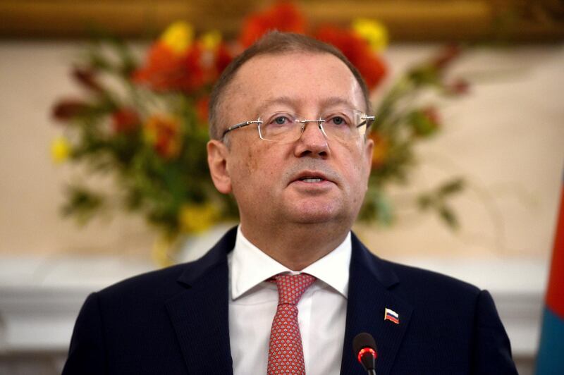 Russian ambassador Alexander Vladimirovich Yakovenko speaking at a news conference Thursday March 22, 2018, at his country's embassy in London in the aftermath of the Salisbury nerve agent attack on Russian double agent Sergei Skripal and his daughter Yulia. Ahead of the press conference the Russian embassy said its consular services had been "seriously affected" by the diplomatic row with the British Government, and it would be limiting visitors as a result. (Kirsty O'Connor/PA via AP)