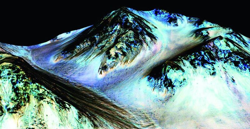 Scientists working on Nasa’s Mars exploration programme announced they had found evidence of liquid water flowing on the surface of the red planet.. Nasa / University of Arizona via AP