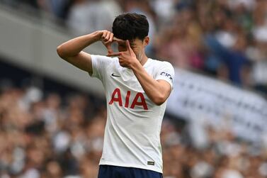 LONDON, ENGLAND - AUGUST 15:  Heung-Min Son of Tottenham Hotspur celebrates after scoring their side's first goal during the Premier League match between Tottenham Hotspur  and  Manchester City at Tottenham Hotspur Stadium on August 15, 2021 in London, England. (Photo by Shaun Botterill / Getty Images)