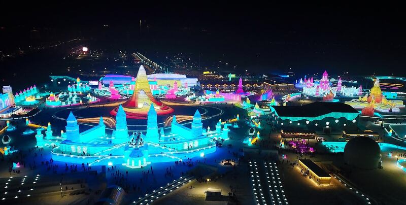 Aerial photo of Harbin Ice and snow world in Harbin, Heilongjiang Province, China. The Ice and Snow World Park will host the 36th Harbin International Ice and Snow Sculpture Festival from Sunday, January 5 until the end of February. Getty Images