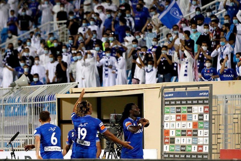 Bafetimbi Gomis of Al-Hilal celebrates after scoring a goal against Al-Ahli in a Saudi Professional League football matchat Prince Faisal bin Fahd Stadium, Riyadh, Saudi Arabia. EPA