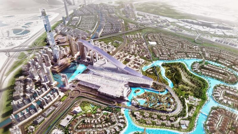 An aerial illustration of Meydan One Mall, which will cover more than 30,000 square metres of indoor and outdoor multipurpose space, with 529 retail shops including two major department stores and hypermarket. Courtesy Meydan Group