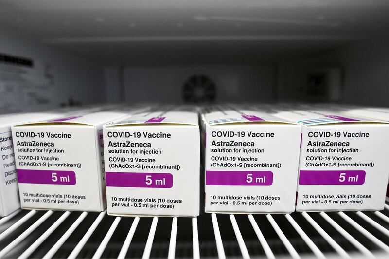 Boxes with Astra Zeneca coronavirus disease (COVID-19) vaccine are pictured in a fridge at St. Mary's Hospital, in Phoenix Park in Dublin, Ireland, February 14, 2021.  REUTERS/Clodagh Kilcoyne