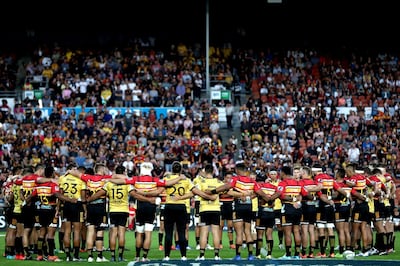 HAMILTON, NEW ZEALAND - MARCH 15: The Chiefs and Hurricanes gather together to remember the victims of the Christchurch shooting ahead of the round five Super Rugby match between the Chiefs and the Hurricanes at FMG Stadium Waikato on March 15, 2019 in Hamilton, New Zealand. (Photo by Hannah Peters/Getty Images)
