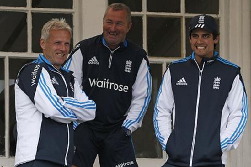 Peter Moores, left, and Alastair Cook, right, are expected to mould a new-look England team for the distant future. Russell Cheyne / Reuters