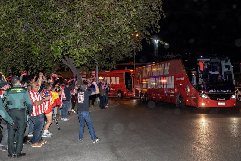 Atletico Madrid's players arrive by bus to celebrate La Liga title at Wanda Sport City in Majadahonda. EPA