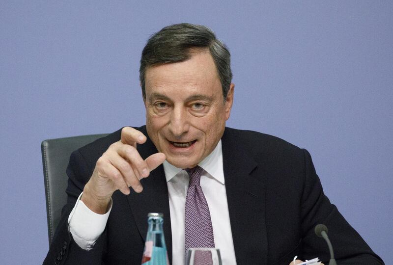Mario Draghi, president of the European Central Bank (ECB), gestures as he speaks during a news conference following the bank's interest rate decision at the ECB headquarters in Frankfurt, Germany, on Thursday, Jan. 25, 2018. The ECB maintained its pledge to move slowly in removing euro-area stimulus, setting the stage for Draghi to face questions on the strength of the single currency. Photographer: Alex Kraus/Bloomberg