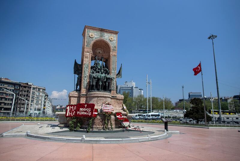 Wreaths at the empty Taksim Square during a May Day demonstration in Istanbul. EPA