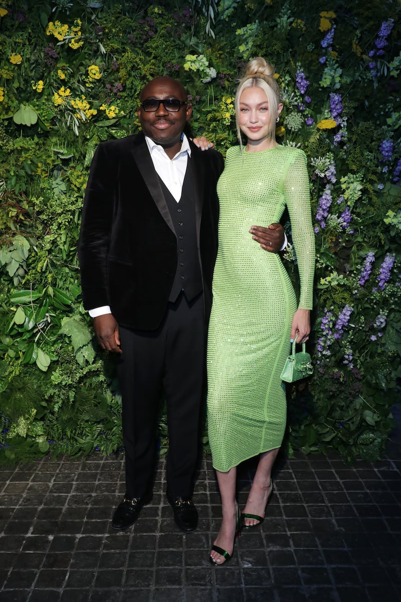 Editor-in-chief of 'British Vogue' Edward Enninful and Gigi Hadid, in a green sequin Self-Portrait dress, attend the British Vogue X Self-Portrait Summer Party at Chiltern Firehouse in London, England. All photos: Getty Images