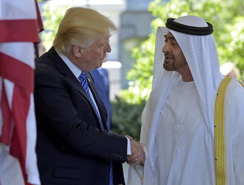 US president Donald Trump welcomes Sheikh Mohammed bin Zayed, Crown Prince of Abu Dhabi and Deputy Supreme Commander of the Armed Forces, to the White House in Washington on Monday. Susan Walsh / AP Photo

