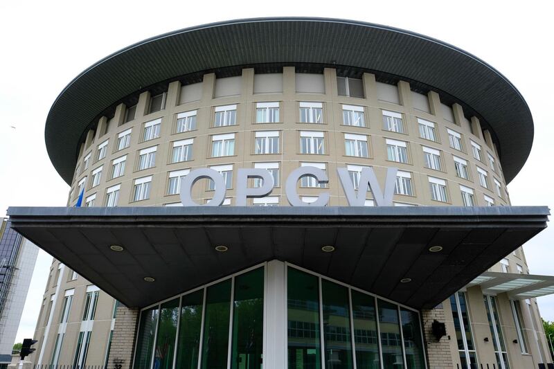 FILE - This Friday May 5, 2017 file photo shows the headquarters of the Organisation for the Prohibition of Chemical Weapons (OPCW), The Hague, Netherlands. Organization for the Prohibition of Chemical Weapons Director-General Fernando Arias has expressed confidence in a report on Monday Nov. 25, 2019, into a deadly attack in Syria last year that has been called into question by a leaked letter. (AP Photo/Peter Dejong, File)