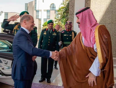 Saudi Crown Prince Mohammed bin Salman receives German Chancellor Olaf Scholz for a meeting in Jeddah on Saturday. EPA
