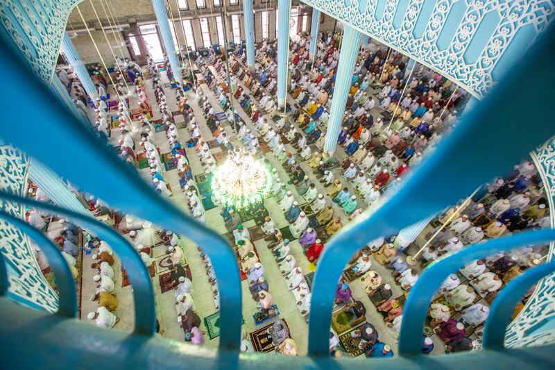 Worshippers offer Eid Al Adha prayers at the Baitul Mukarram National Mosque in Dhaka, Bangladesh. EPA