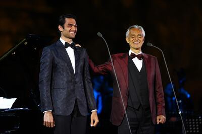 TABUK, SAUDI ARABIA - APRIL 08: Andrea Bocelli performs in concert with his son Matteo Bocelli on April 08, 2021 at World Heritage Site Hegra in AlUla near Tabuk, Saudi Arabia. (Photo by Francois Nel/Getty Images for The Royal Commission for AlUla)