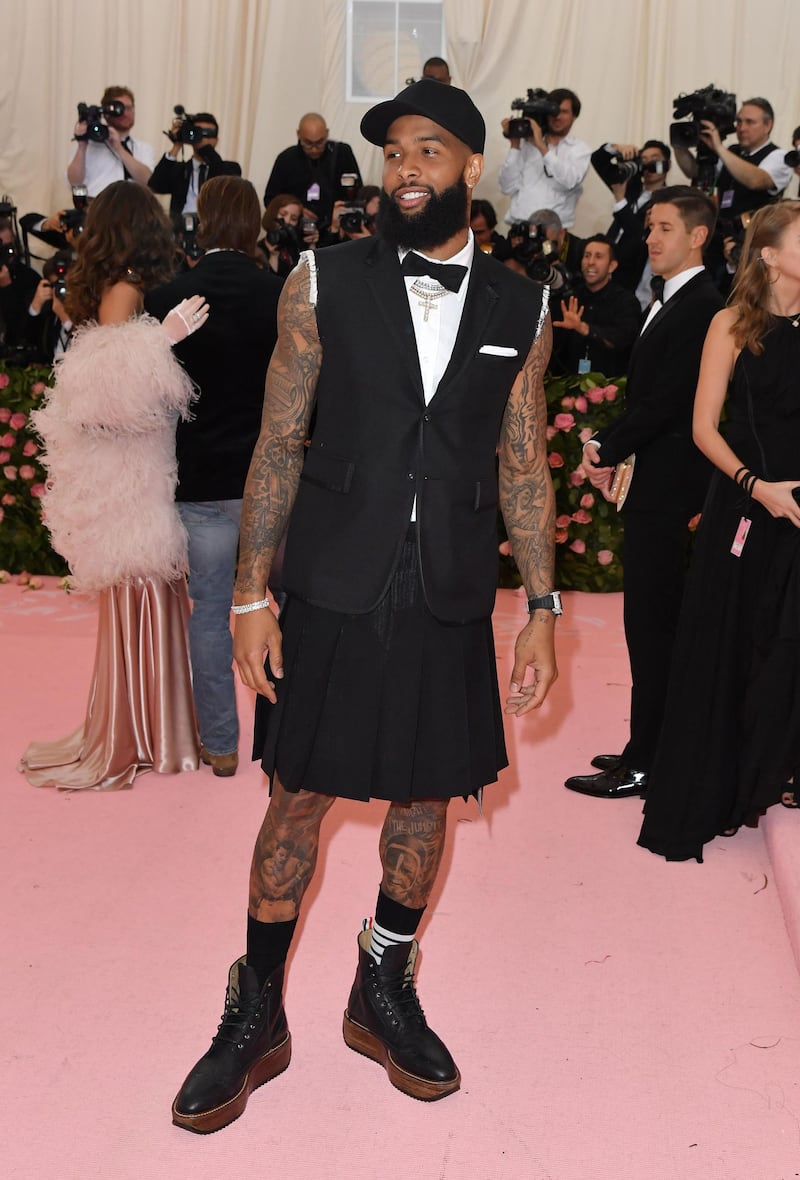 Odell Beckham Jr nailed the sense of play by donning a sleeveless jacket and shirt (complete with bow tie), paired with a kilt, perfectly finished with platform boots and mismatched socks. AFP