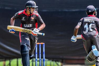 UAE's chase against Afghanistan faltered after the opening partnership between Aryan Lakra and Vriitya Aravind was broken at the Under 19 World Cup in South Africa. Courtesy ICC