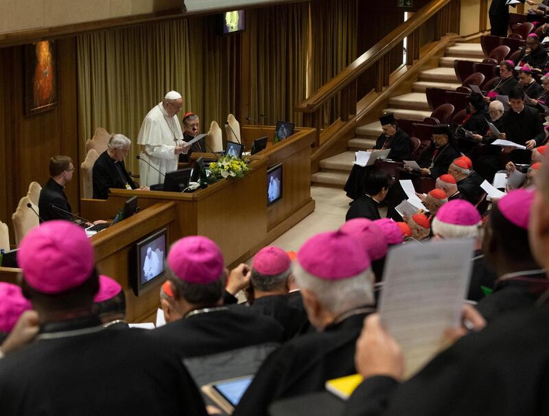 epa07385144 A handout picture provided by the Vatican Media shows shows Pope Francis attending the opening session of a global child protection summit for reflections on the sex abuse crisis within the Catholic Church, at the Vatican, 21 February 2019.  The gathering of church leaders from around the globe is taking place amid intense scrutiny of the Catholic Church's record after new allegations of abuse and cover-up last year sparked a credibility crisis for the hierarchy.  EPA/VATICAN MEDIA HANDOUT  HANDOUT EDITORIAL USE ONLY/NO SALES