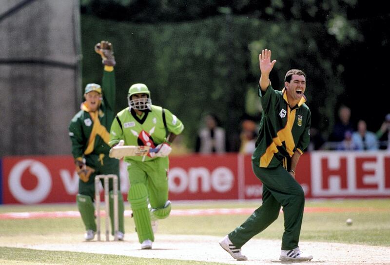 25 May 1999:  Hansie Cronje of South Africa traps Aasif Karim of Kenya lbw in the World Cup Group A game at the VRA Ground in Amstelveen, Holland. South Africa won by 7 wickets. \ Mandatory Credit: Craig Prentis /Allsport