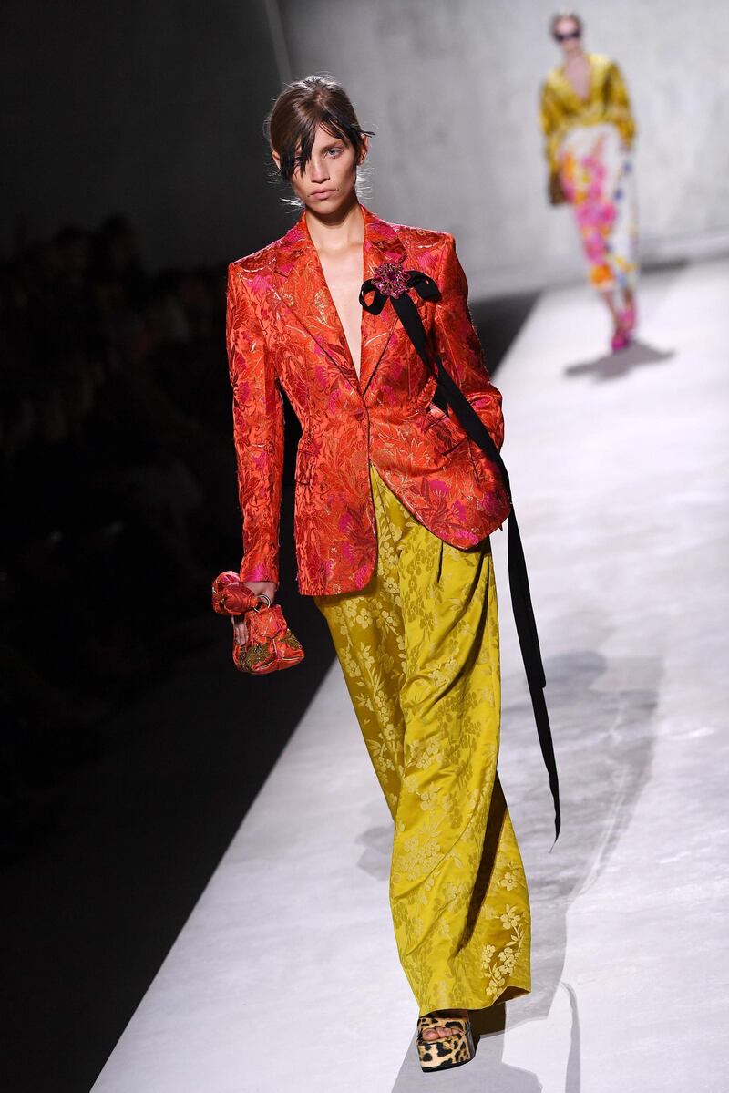 Head&nbsp;to toe jacquard in chartreuese and orange by Dries Van Noten and Christian Lacroix, for Spring-Summer 2020. AFP

