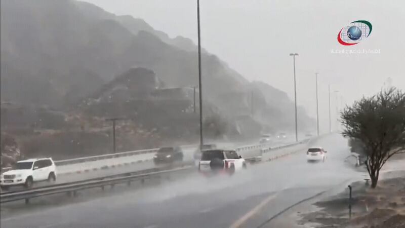 Heavy rain falls over a motorway in Masafi, Ras Al Khaimah. Courtesy: National Centre of Meteorology