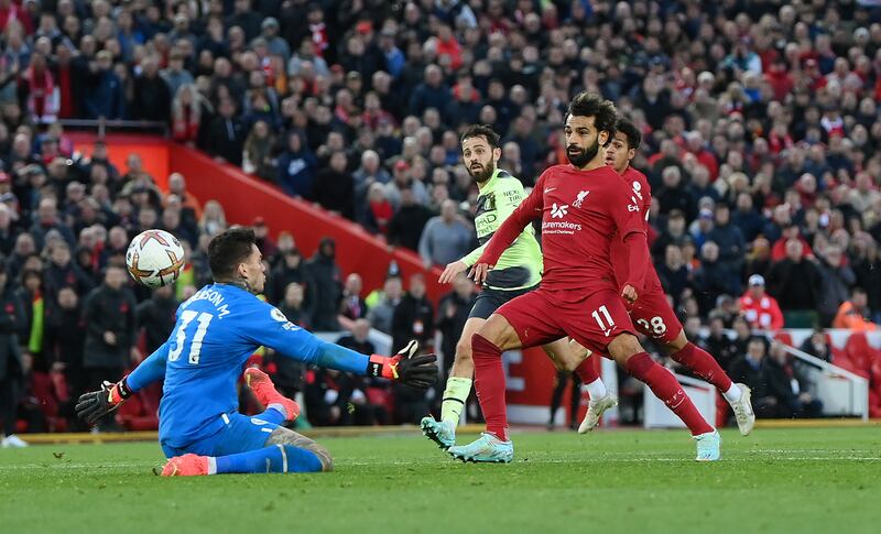 Mohamed Salah scores for Liverpool. Getty