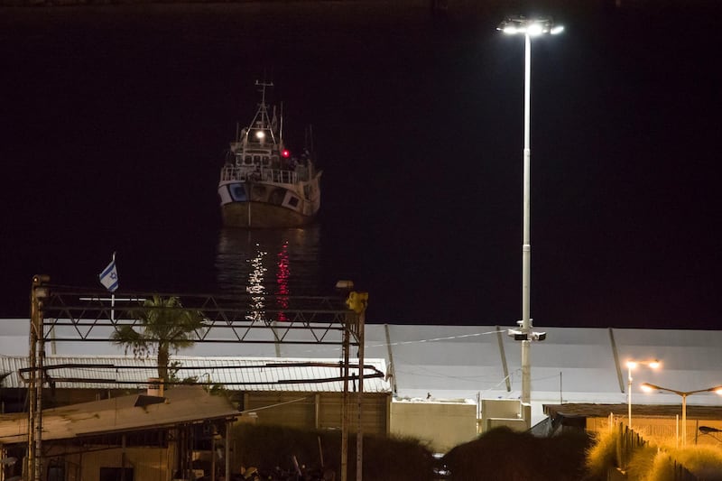 A boat bound to Gaza Strip intercepted by Israeli navy arrives to Ashdod port, Israel, Sunday, July 29, 2018. Israel's navy intercepted a ship carrying activists en route to Gaza in the latest attempt to break a blockade on the coastal territory ruled by the Islamic militant group Hamas, the military said Sunday. (AP Photo/Tsafrir Abayov)