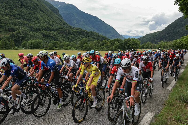 Tadej Pogacar, in the leader's yellow jersey, during Stage 5. AFP