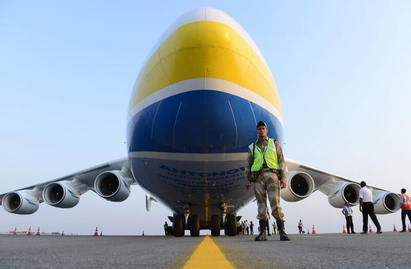 The world’s largest aircraft, the AN-225 Mriya, at Rajiv Gandhi International airport in Hyderabad. The airport operator has raised $350m. Noah Seelam / AFP
