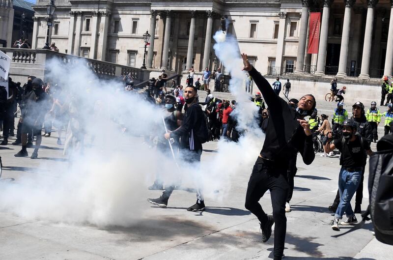 Protesters in Trafalgar square during a Black lives matter demonstration in London.  EPA