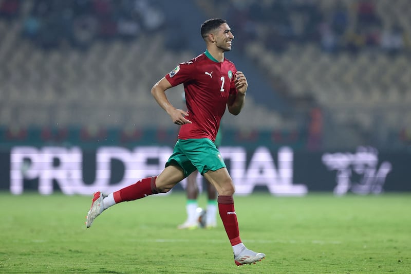Morocco defender Achraf Hakimi celebrates after scoring his team's second goal. AFP