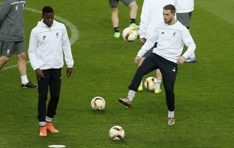 Liverpool’s Divock Origi and Jordan Henderson during training. Action Images via Reuters / Lee Smith
