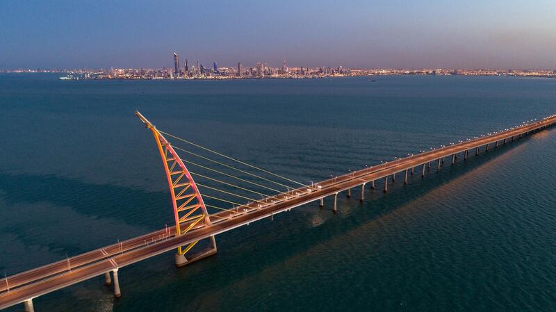 Aerial view of the arch pylon on the Sheikh Jaber al-Ahmad Al-Sabah Causeway which will lead to the Future Silk City, in Kuwait Bay, Kuwait. Reuters