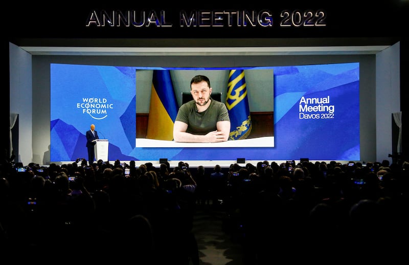 Ukraine's President Volodymyr Zelenskyy on a screen at the opening ceremony for the World Economic Forum in Davos, Switzerland. Reuters