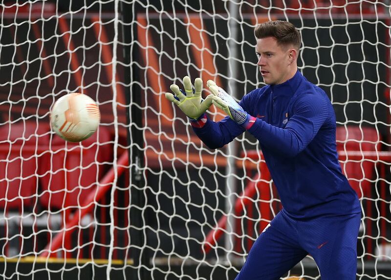 Barcelona goalkeeper Marc-Andre ter Stegen attends a training session at Old Trafford in Manchester, Britain, on February 22, 2023.  Barcelona face Manchester United in the Europa League playoff second leg on February 23, 2023. EPA