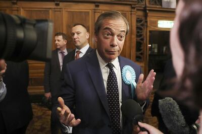 Nigel Farage, leader of the Brexit Party, talks to members of the media after being elected as a Member of the European Parliament at the European Parliamentary elections count center in Southampton, U.K., on Sunday, May 27, 2019. Brexit wrought more havoc on Britain’s main political parties in European Parliament elections, with both Conservatives and Labour scoring their worst results in decades as voters opted for parties with clear pro- and anti-European Union messages. Photographer: Simon Dawson/Bloomberg