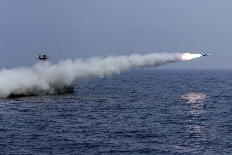 Iranian rockets being fired during a military exercise in the Gulf, near the strategic strait of Hormuz in southern Iran during a drill. AFP, HO via Iranian Army website