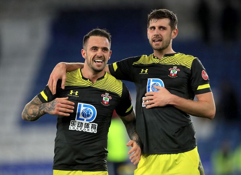Southampton's Danny Ings (left) celebrates with Jack Stephens after the Premier League match at the King Power Stadium, Leicester. PA Photo. Picture date: Saturday January 11, 2020. See PA story SOCCER Leicester. Photo credit should read: Mike Egerton/PA Wire. RESTRICTIONS: EDITORIAL USE ONLY No use with unauthorised audio, video, data, fixture lists, club/league logos or "live" services. Online in-match use limited to 120 images, no video emulation. No use in betting, games or single club/league/player publications.