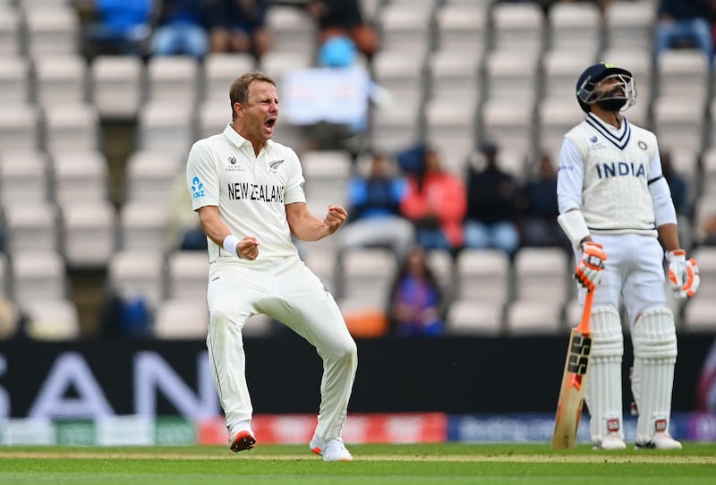 New Zealand bowler Neil Wagner celebrates taking the wicket of Ajinkya Rahane for 49. Getty