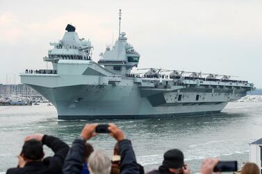 'HMS Queen Elizabeth' leaving Portsmouth, England, on Saturday. Getty