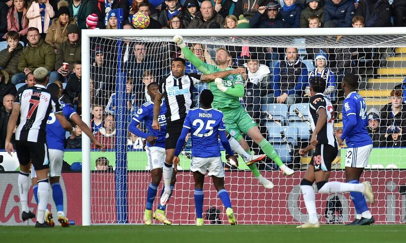 Leicester's goalkeeper Kasper Schmeichel makes a save. AP