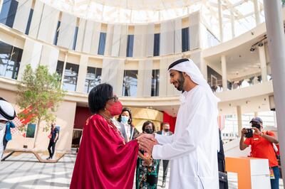 Sheikh Shakhbout is keen to grow partnerships with African nations and is seen during a visit to a pavilion at Expo 2020 Dubai. Photo: MOFAIC