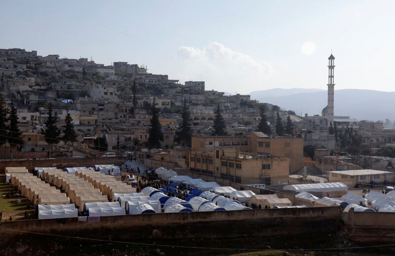 Tents erected in a school yard for Syrians who have lost their homes after the deadly quake, in the rebel-held town of Harem in Syria. Reuters