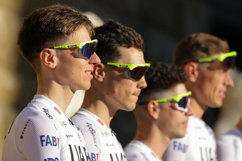 UAE Team Emirates riders on stage during the team presentation for the Tour de France. AFP