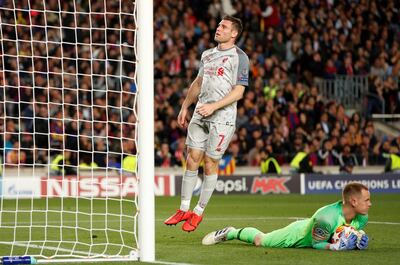 Soccer Football - Champions League Semi Final First Leg - FC Barcelona v Liverpool - Camp Nou, Barcelona, Spain - May 1, 2019  Barcelona's Marc-Andre ter Stegen after saving a shot from Liverpool's James Milner                Action Images via Reuters/John Sibley