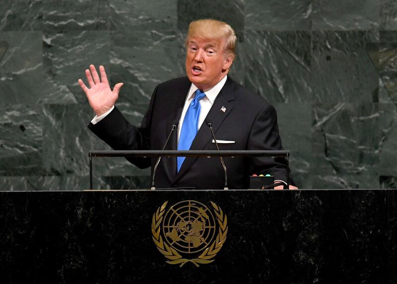 (FILES) In this file photo taken on September 19, 2017 US President Donald Trump addresses the 72nd Annual UN General Assembly in New York. North Korea and Iran will dominate this week's gathering of world leaders at the United Nations, where US President Donald Trump will be firmly in the spotlight as he continues to upend global diplomacy.  / AFP / TIMOTHY A. CLARY
