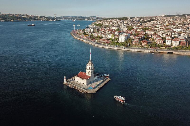 The maiden tower on Bosphorus strait, in Istanbul, during a two-day curfew to prevent the spread of the COVID-19 disease, caused by the novel coronavirus.    AFP